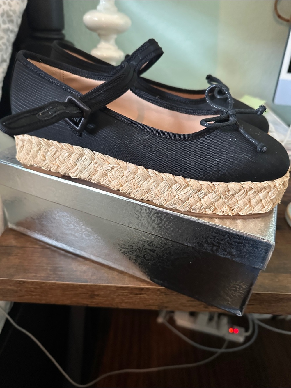 Black Espadrille Platform Mary Jane Flats - Unbranded